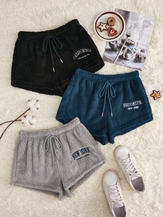 3pcs Letter Embroidery Drawstring Waist Flannel Lounge Cozy Shorts Sleep Cozy Shorts, Fall Winter Clothes, Fluffy