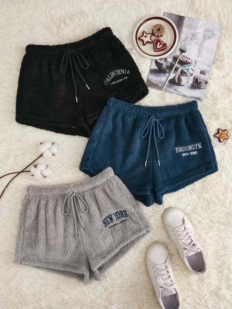 Snug Zone 3pcs Letter Embroidered Fluffy Shorts Loungewear Bottom