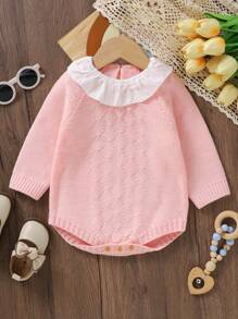 Baby Girl Ruffle Trim Raglan Sleeve Knit Bodysuit - Pink - View 1