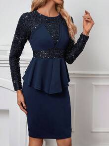 SHEIN Clasi 亮片拼接荷葉邊下擺腰緊身洋裝 - 藏蓝色 - 查看 4