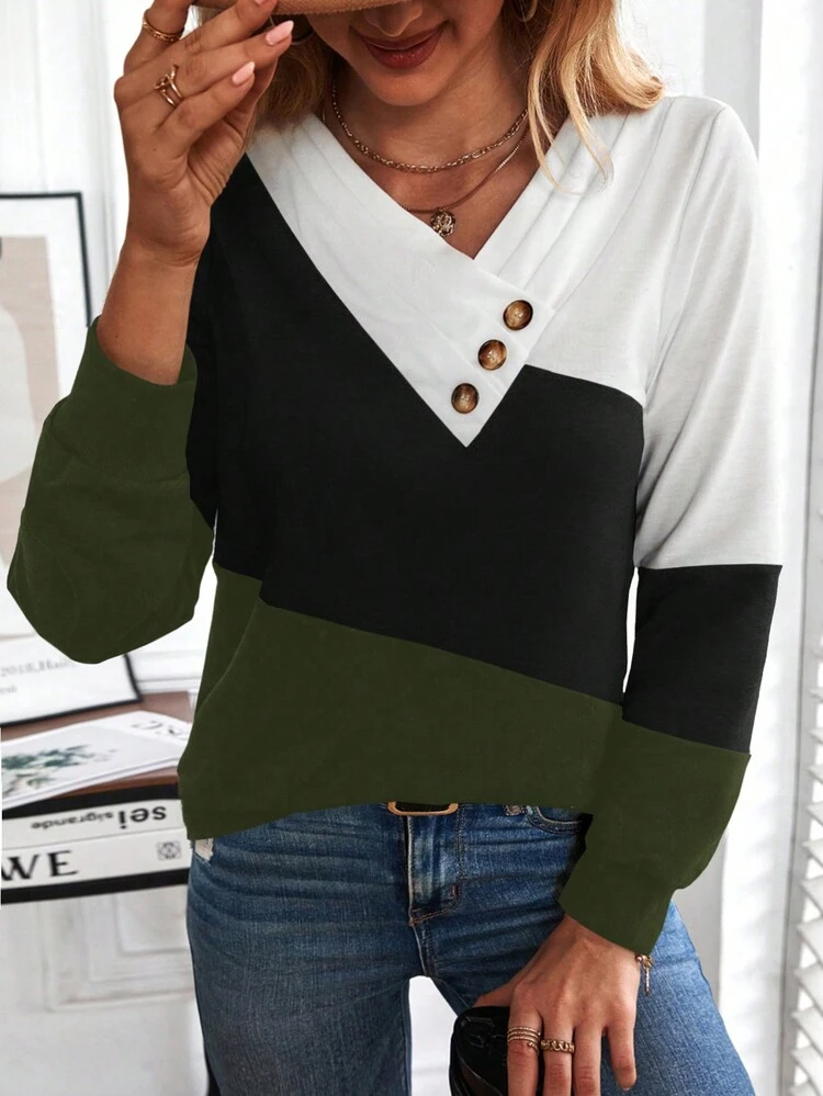 Color Block Button Detail Sweatshirt Pullover Fall Sweatshirt