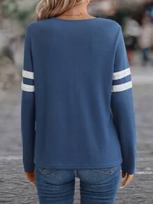 EMERY ROSE Striped Print Half Zip Tee - Blue and White - View 2