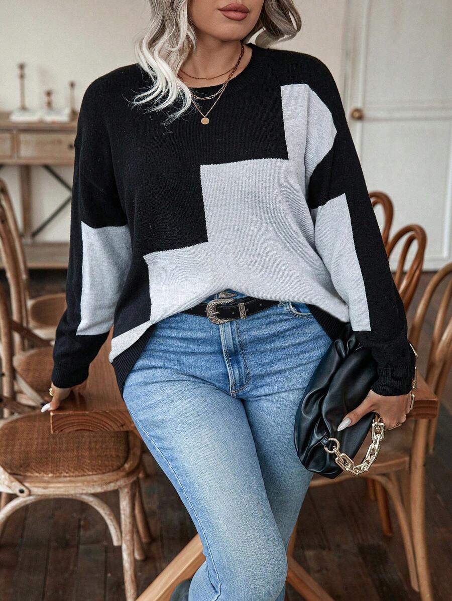 SHEIN LUNE Plus Color Block Drop Shoulder Sweater - Black - View 1