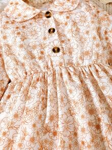 Young Girl Floral Print Half Button Dress - White - View 5