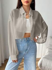 Muchica 素色落肩袖前紐扣襯衫 - 灰色 - 查看 1