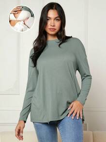 SHEIN Maternity Drop Shoulder Rib-knit Nursing Tee - Green - View 1