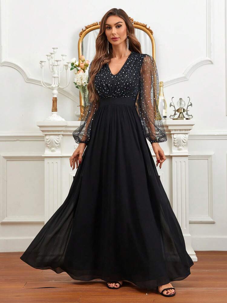 Contrast Mesh Sequin Detail Lantern Sleeve Prom Dress