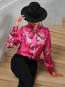 SHEIN Clasi In hoa Cà vạt Xa ten Áo sơ mi - Màu Hoa hồng đỏ - Xem 1