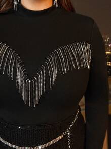 SHEIN Frenchy Plus Fringe Trim Mock Neck Tee - Black - View 7