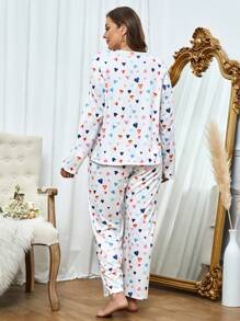 大碼滿版心形印花睡衣套裝 - 白色 - 查看 3