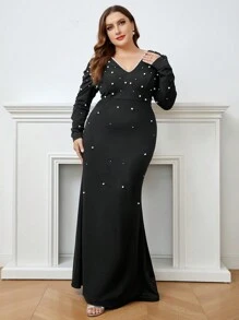 SHEIN Belle 大碼珍珠串珠魚尾裙下擺正式洋裝 - 黑色 - 查看 6