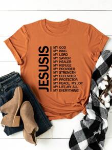 SHEIN LUNE Hơn Đồ họa Khẩu hiệu Áo thun - gừng - Xem 1