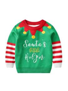 Young Boy Christmas Slogan & Striped Pattern Sweater - Green - View 1