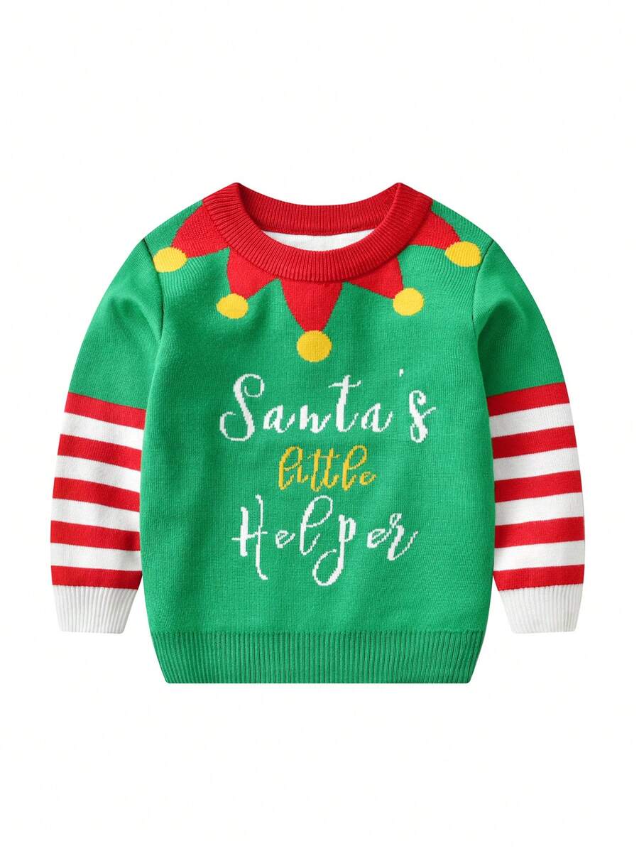 Young Boy Christmas Slogan & Striped Pattern Sweater - Green - View 1