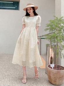DAZY 素色泡泡袖蕾絲覆蓋連衣裙 - 米色 - 查看 5