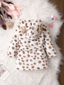 Baby Girl Cow Pattern 3D Ear Design Hooded Belted Flannel Robe - White - View 2