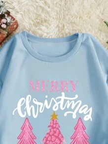 SHEIN EZwear 圣诞树及标语图案保暖套头卫衣，秋季卫衣 - 淺藍色 - 查看 3