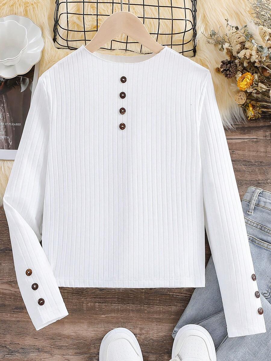 SHEIN Cô gái Tween Chi tiết Nút Đồ đan Ribbed Áo thun - trắng - Xem 1