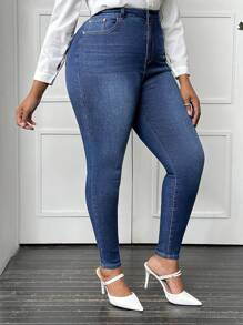 SHEIN Privé Plus Zipper Fly Skinny Jeans - Blue - View 6