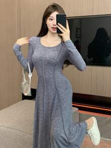 DAZY 素色接縫細節A字洋裝 - 藍色 - 查看 3