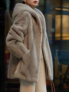 Solid Drop Shoulder Hooded Fluffy Coat - Grey - View 3