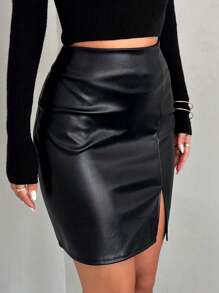 EURMUSE High Waist Split Hem PU Leather Skirt - Black - View 3
