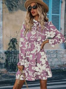 Breezaya 波西米亞揉皺 荷葉邊 前綁帶蝴蝶結花卉印花 全身印花女士連衣裙 - 淡紫色 - 查看 6