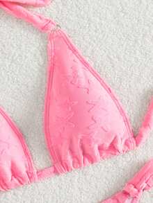 Swim Mod Star Flocked Halter Bikini Set - Pink - View 7
