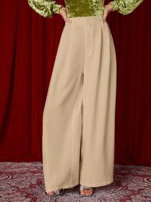 SHEIN Privé Solid Wide Leg Pants - Khaki - View 4