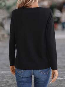 SHEIN LUNE Guipure Lace Trim Ribbed Knit Tee - Black - View 2