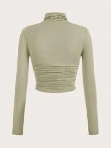SHEIN EZwear Solid High Neck Ruched Tee - Olive Green - View 2