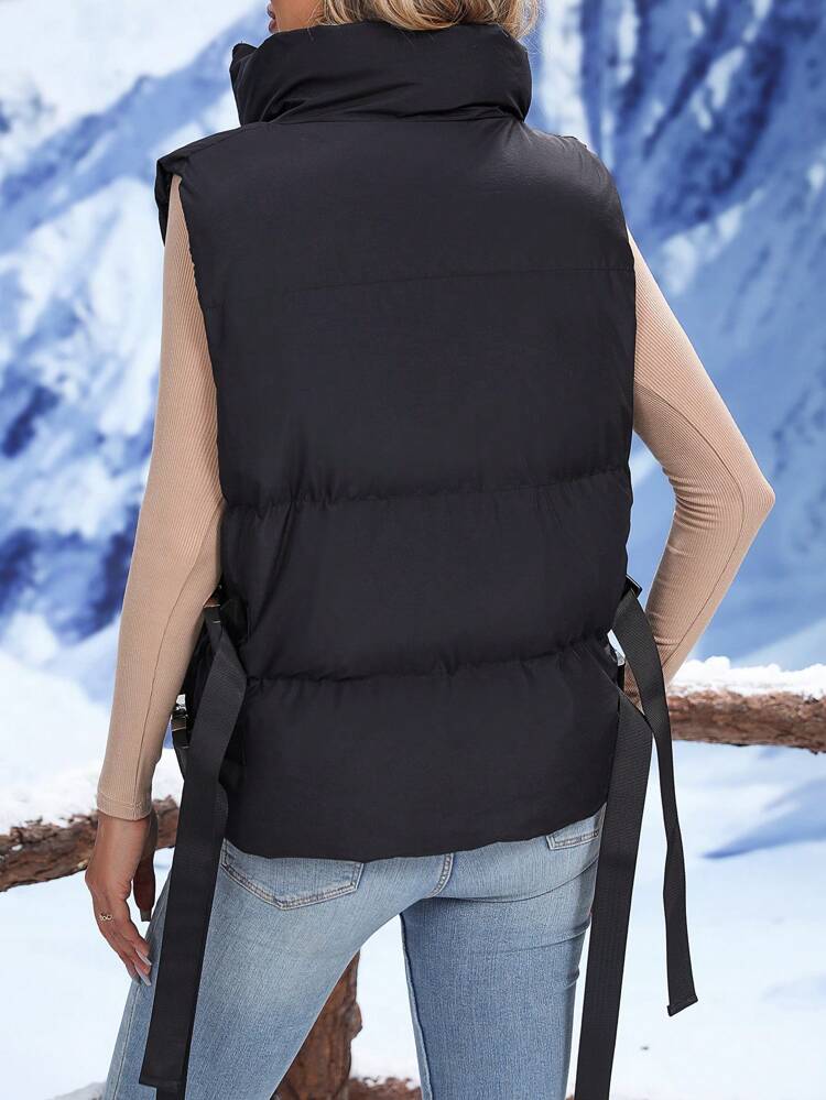 Zip Up Buckle Detail Belted Vest Padded Padded Coat Clothes Winter