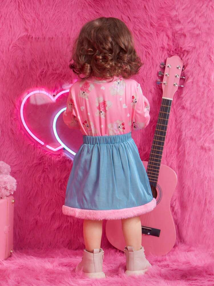 Baby Girl Floral Print Tee & Contrast Fuzzy Trim Skirt