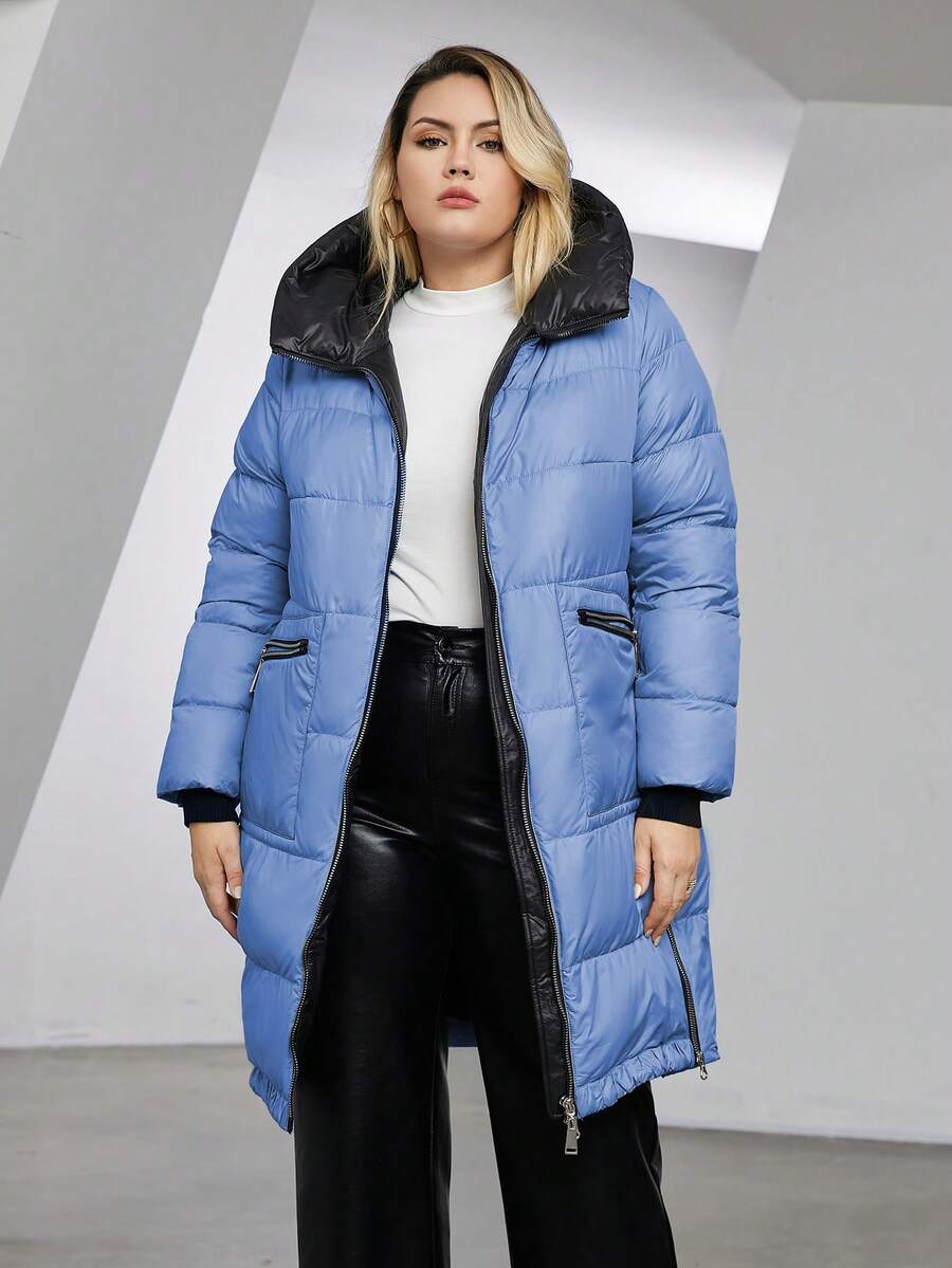 拉链连帽夹棉大衣 - 藍色 - 查看 1