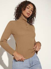 SHEIN BASICS 半排扣條紋針織套頭毛衣 - 棕色 - 查看 4