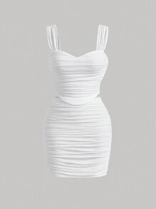 SHEIN MOD Plus Solid Cami Top & Ruched Bodycon Skirt - White - View 1