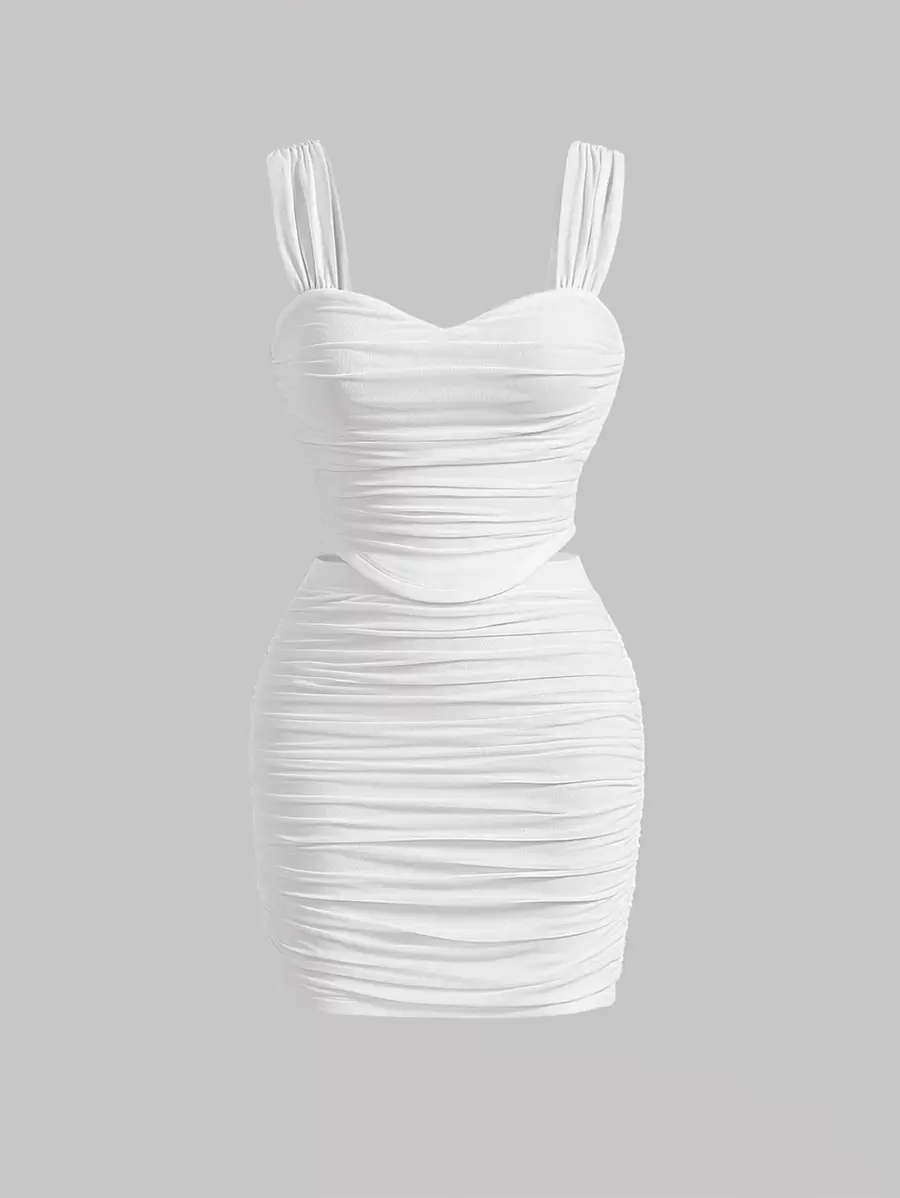 SHEIN MOD Plus Solid Cami Top & Ruched Bodycon Skirt - White - View 1