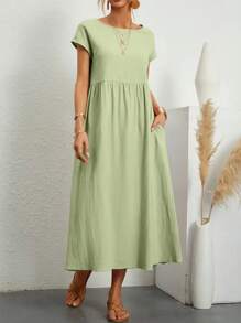 Chất rắn Túi nghiêng Váy Smock - Màu xanh Bạc hà - Xem 3