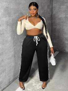 Slaydiva 大碼流蘇邊腰部抽繩衛褲 - 黑色 - 查看 1