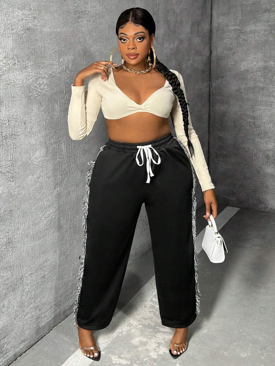 Slaydiva 大碼流蘇邊腰部抽繩衛褲 - 黑色 - 查看 1