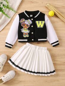 SHEIN Young Girl Letter & Cartoon Patched Striped Trim Varsity Jacket & Pleated Skirt - Black and White - View 1