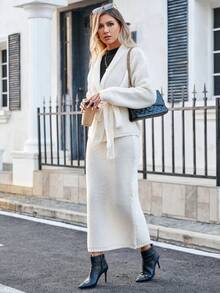 SHEIN Privé 青果領腰帶開襟衫和毛衣半身裙 - 米色 - 查看 3