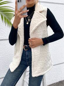 SHEIN LUNE Lapel Neck Teddy Vest Coat - Beige - View 5