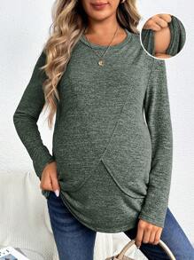 SHEIN Maternity Marled Knit Wrap Nursing Detail Tee - Green - View 1