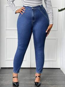 SHEIN LUNE 大碼高腰緊身牛仔褲 - 藍色 - 查看 4