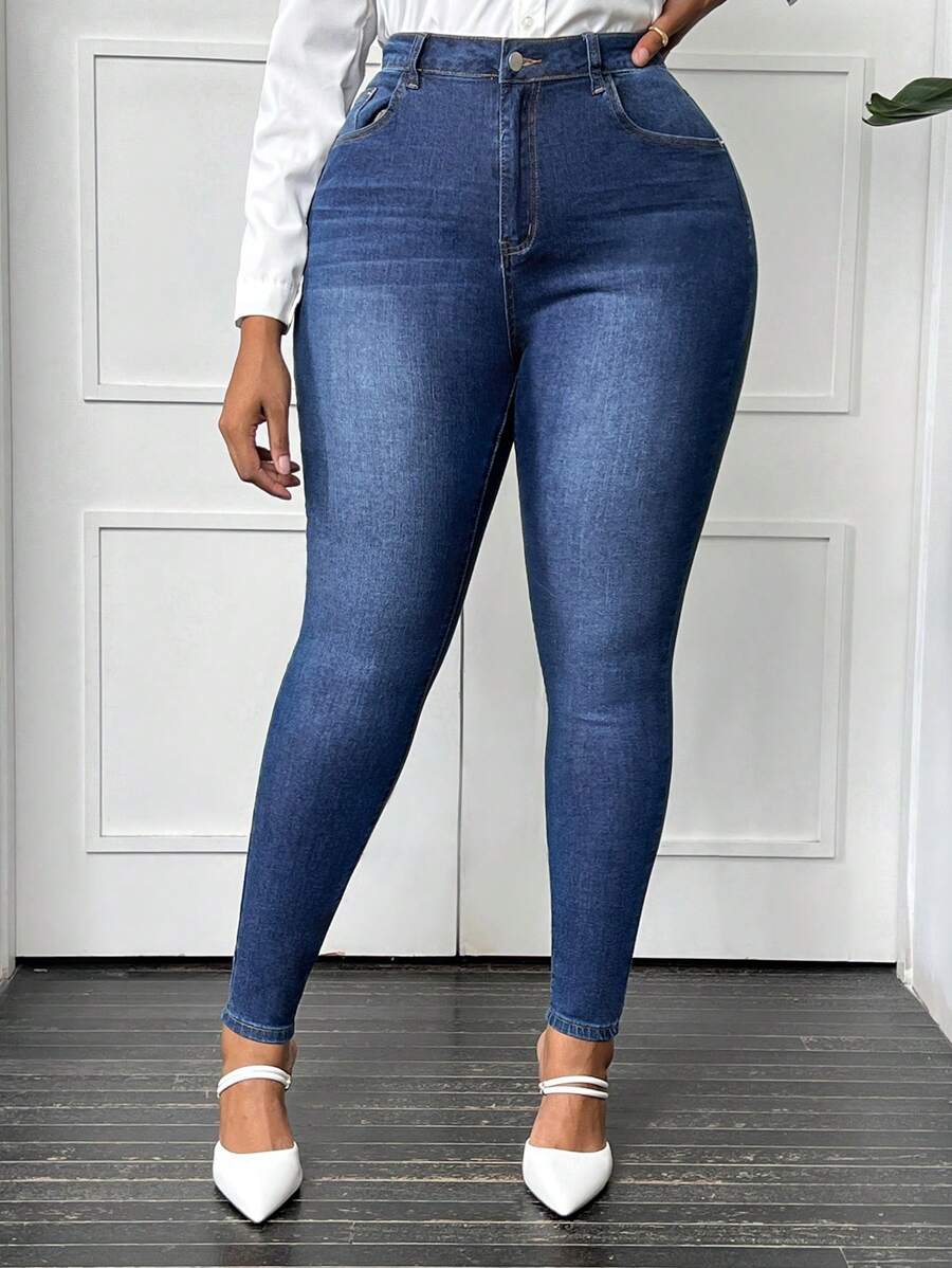 SHEIN Privé Plus Zipper Fly Skinny Jeans - Blue - View 1