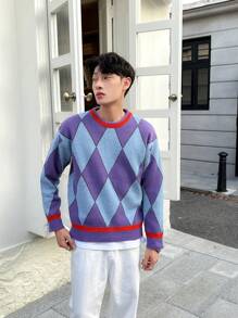 Claim Dot Men 1pc Argyle Pattern Drop Shoulder Sweater - Multicolor - View 1