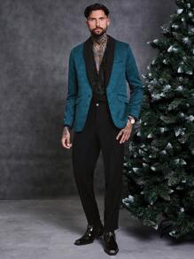 SHEIN 男士滿版印花青果領西裝外套&西裝褲套裝 - 藍色 - 查看 1