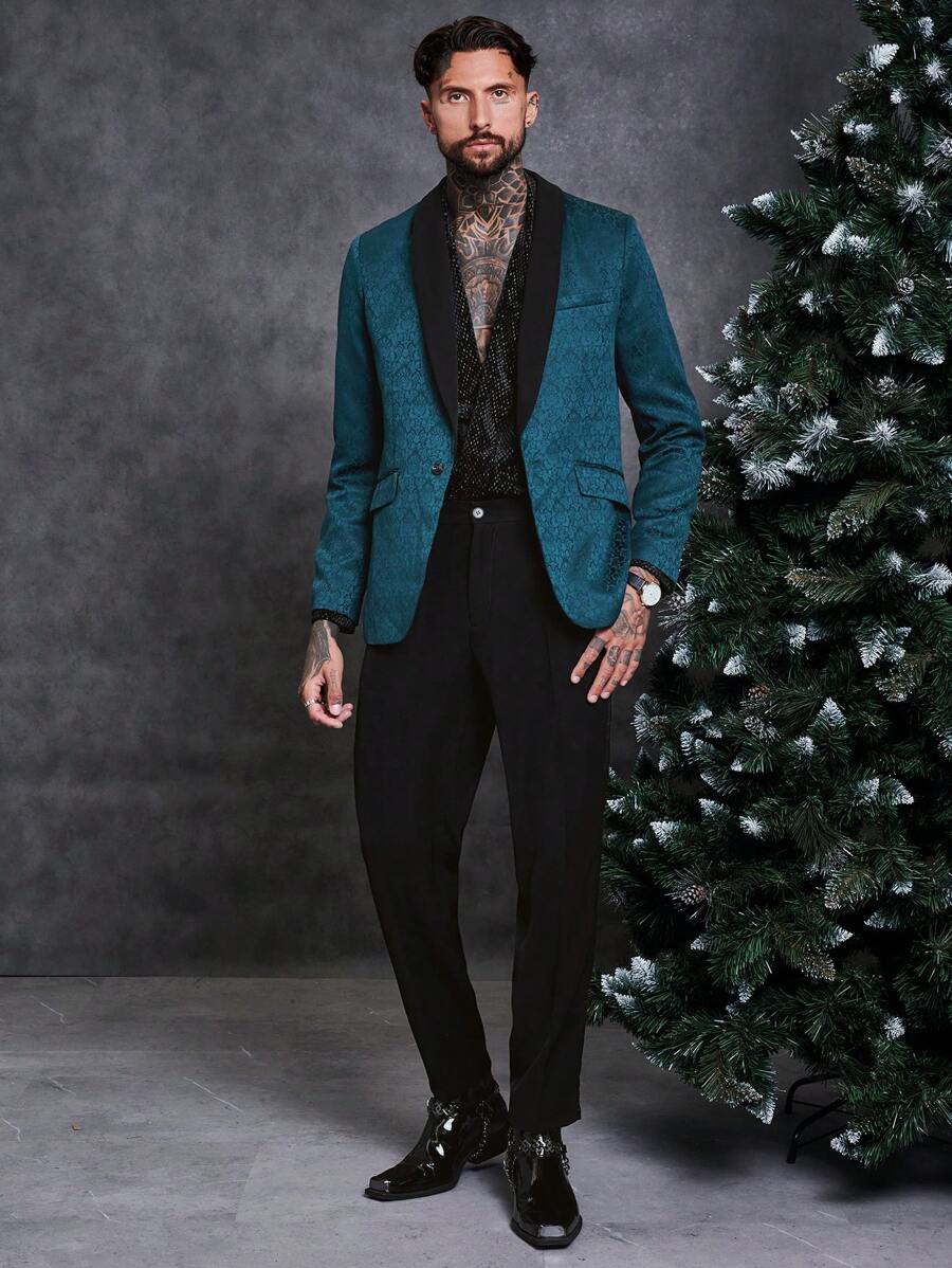 SHEIN 男士滿版印花青果領西裝外套&西裝褲套裝 - 藍色 - 查看 1