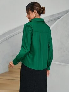 SHEIN Privé 素色百褶細節前紐扣襯衫 - 墨綠色 - 查看 2